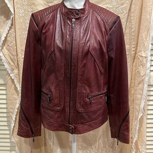 Bernardo Zip Trim Genuine Leather Scuba Jacket Burgundy Front Zip